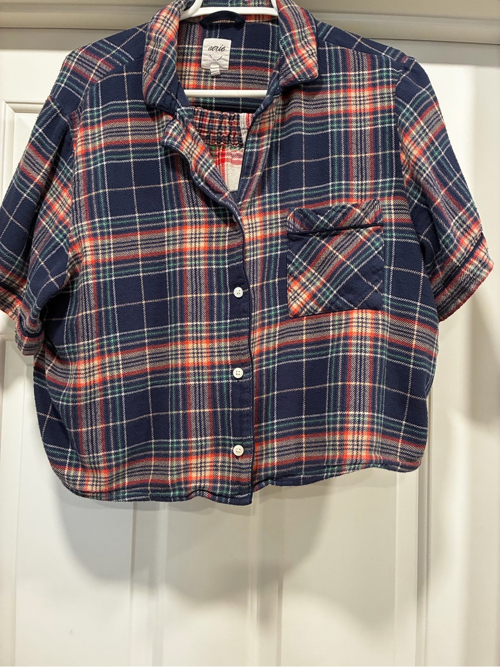 aerie Navy and Red Plaid Short-Sleeve Button-Front pajamas